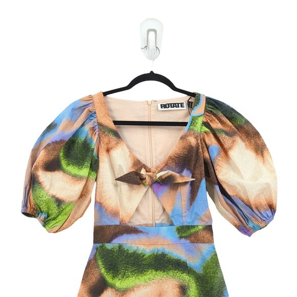 Rotate Women 0 Cara Dress Dusty Orange Watercolor Cutout Puff Sleeve Cotton Midi - Picture 3 of 9